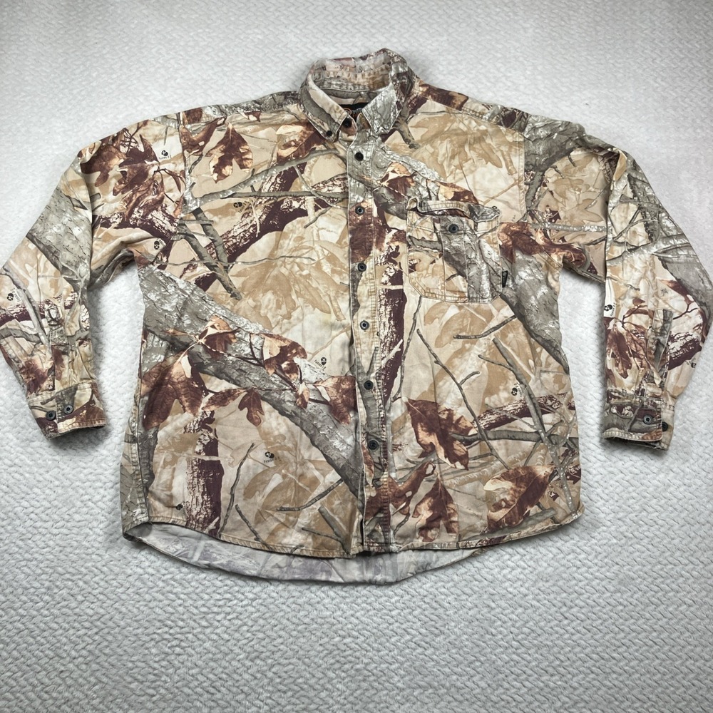 Outfitters Ridge Button Up Shirt Camo Hunting Real Tree Outdoors XL Distressed